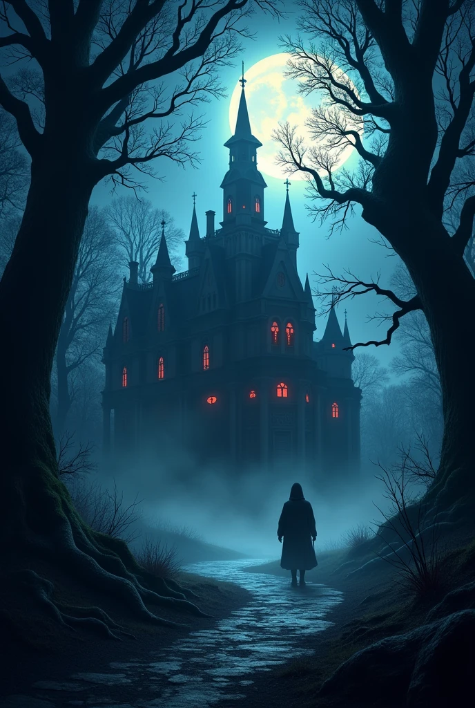 Create a cover for a book, that shows a mansion in the middle of a forest at night, dark, and shows shadows with red eyes that glow in the darkness of the place