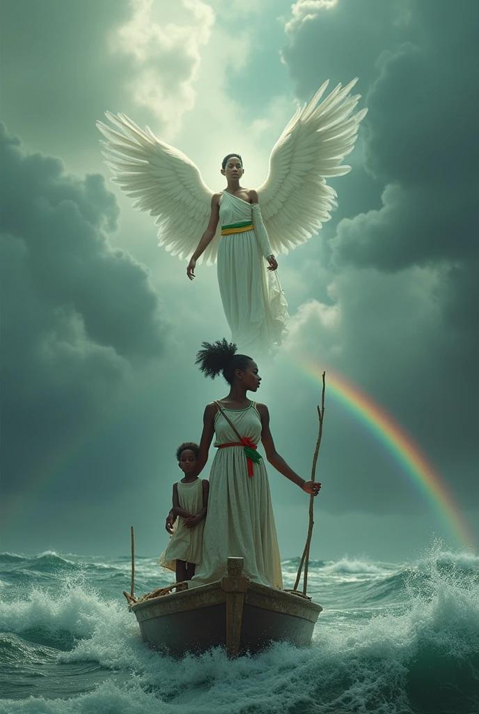 an Ethiopian beautiful ebony skin color women wearing slightly dirty white dress with small strip of green, yellow and red ,she is holding a  standing on a small local ship,the ocean try to distroy the ship and her pray stop the storm, rainbow shown, an Angele also shown from far holding a stick to stop the storm.octane render, trending on artstation, greg rutkowski very coherent symmetrical artwork. cinematic, hyper realism, high detail, octane render, 8k