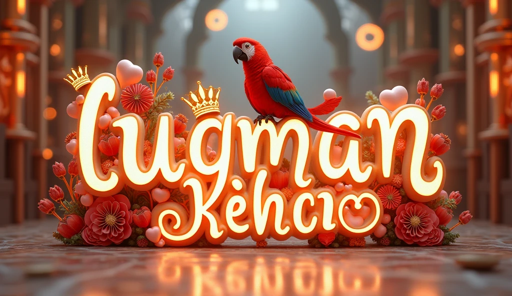 A captivating 3D illustration showcases a visually stunning and enchanting scene with a parrot perched perfectly on the name "Luqman ❤khan ." The name is written in exquisite, opulent white lettering with orange peridot luminescence, featuring an elaborate font design adorned with swirls, hearts, and a majestic gold crown on each letter. The overall composition exudes elegance and sophistication as it gracefully leans to the right. The intricate background consists of various shapes and elements that add depth and dimension, creating a truly captivating visual experience. This masterpiece is a testament to the artistic fusion of fashion, 3D rendering, and illustration., photo, 3d render, fashion, illustration
