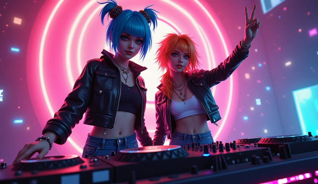 Create an image featuring two young female characters with a punk EDM theme. Both characters should have edgy punk hairstyles, colorful hair dye, and stylish punk attire such as leather jackets, ripped jeans, and vibrant accessories. They are standing behind a DJ table, surrounded by neon lights and electronic music equipment. The setting should convey an energetic and rebellious atmosphere, with bright colors and dynamic elements that reflect the excitement of an EDM party