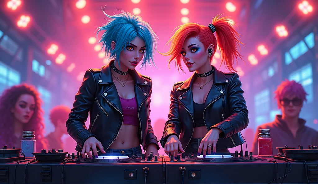 Create an image featuring two young female characters with a punk EDM theme. Both characters should have edgy punk hairstyles, colorful hair dye, and stylish punk attire such as leather jackets, ripped jeans, and vibrant accessories. They are standing behind a DJ table, surrounded by neon lights and electronic music equipment. The setting should convey an energetic and rebellious atmosphere, with bright colors and dynamic elements that reflect the excitement of an EDM party