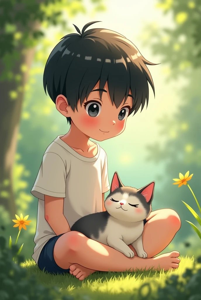 Anime realistic cute boy with white ti shirt and black hair sit with cat
