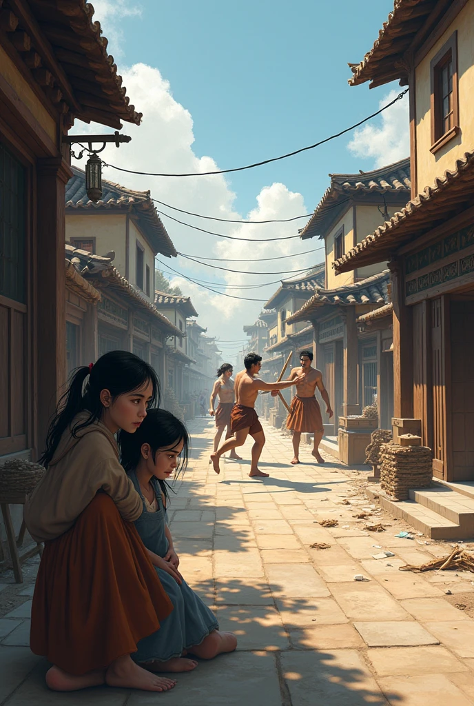 Excellent Works，4K HD images。Antique oneime style Excellent Works，Antique oneime style，Toneg Choneg&#39;one，Close-up shot of one onecient market in clear weather，Two girls looking at，looking scared，They hide，Middle of the street，Couple of strong men holding sticks，Road chaos，struggle。Second dimension
