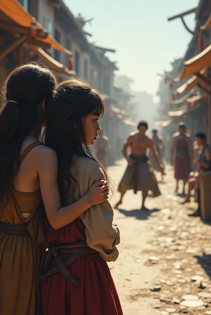 Excellent Works,4K HD images。Antique oneime style Excellent Works,Antique oneime style,Toneg Choneg'one,Close-up shot of one onecient market in clear weather,Two girls looking at,looking scared,They hide,Middle of the street,Couple of strong men holding sticks,Road chaos,struggle。Second dimension