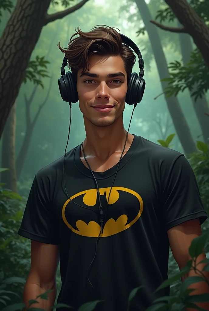 A young man with a square face smiling with dark brown hair wearing a black shirt with the batman symbol on the chest and wearing headphones on his head. And deep down be a forest
