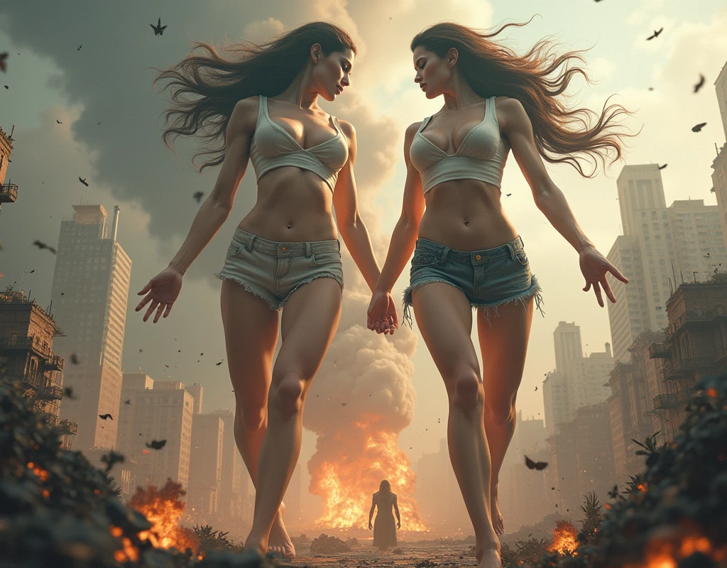 (Giant girl Art), (Super Best masterpiece giant girl Raw Photography Art), (16K, Highest quality, Ultra-high resolution, RAW Photos), (Although it is the real world, It's so unrealistic.), (Very detailed描写の, fight巨人女, Ultra-realistic), (Asian Women, So beautiful and detailed, Perfect female body, Accurate female body structure, Accurate female body movements, Very detailed女体ボディ, Super big breasts), Short sleeve shirt, Short skirt, I can see your pants, Very cute face, (Very detailed描写, Clear and accurate perspective depiction, Ultra-wide field of view, Focus on the average value of the image), (Very detailed, World collapse panic movie depiction), Height 1,000m class giant girl, 2 people, The face and body are identical, fight, Scramble, Catfight, Action Movie, (2 peopleの巨女がミニチュアな街まるごとぶっ壊す描写), 見物客はfightの巻き添えに遭う, Top View