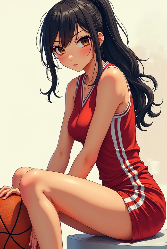 Japanese、woman、Basketball player、Big eyes、Big Breasts、Slender thighs、Sitting、