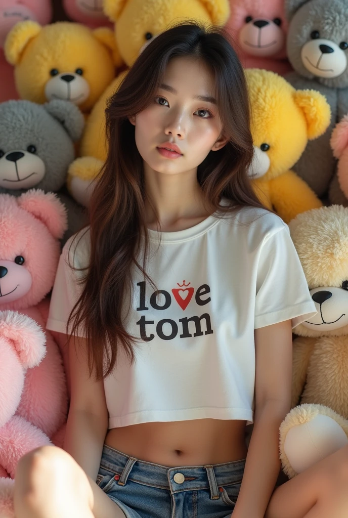 เปลี่ยนคำสกรีนได้เลยนะครับ
A beautiful young Asian woman with long, flowing brown hair and a captivating gaze sits confidently amidst a colorful array of plush teddy bears. She wears a simple white crop top screen "Love Tom" and denim shorts, creating a casual and playful aesthetic. The teddy bears, in various shades of pink, yellow, and grey, form a soft and inviting backdrop. The scene exudes a sense of youthful charm and innocence, reminiscent of a childhood bedroom filled with cherished toys