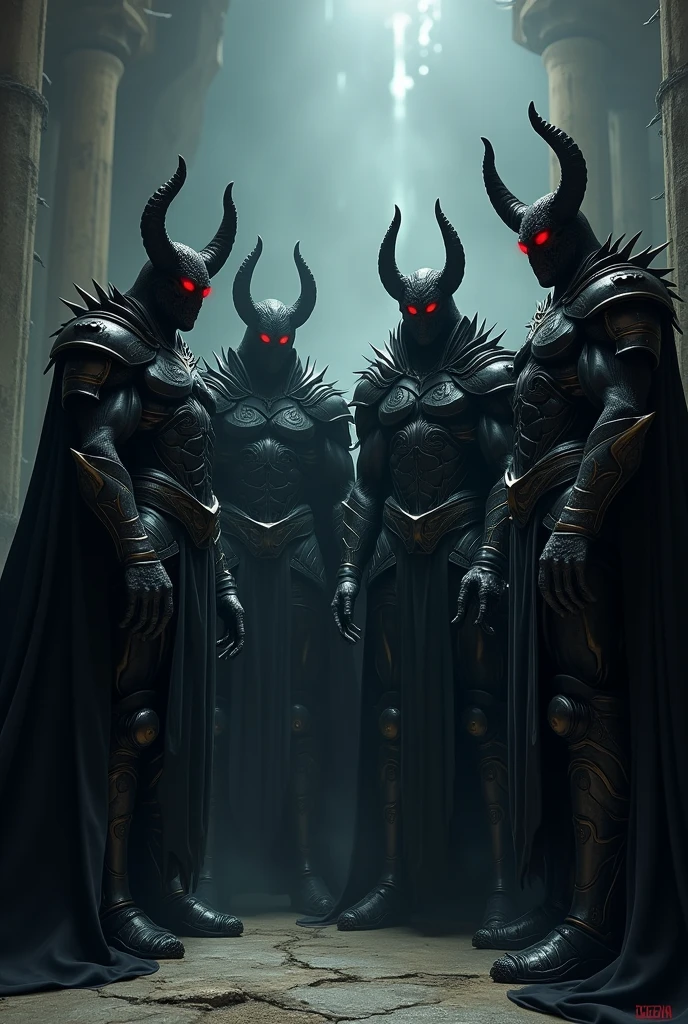 Create four beautiful demon soldiers, with black armor and capes, lowering their heads in a sign of respect