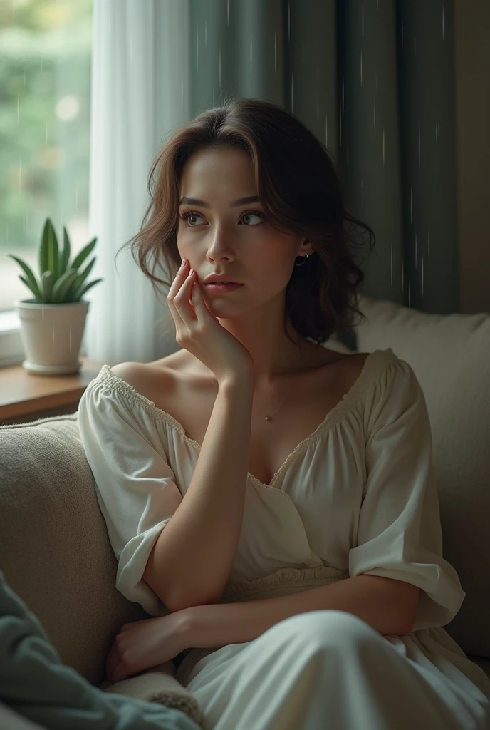 arafed woman sitting on a couch with her hand on her chin, kimi takemura, narumi kakinouchi, My motto is Teshirogi, Yasumoto Oka, chiho ashima, For whom?, kiyoko suzuki, Another Iwakura, Kazami Yuuka, tsugumi ohba, It rains