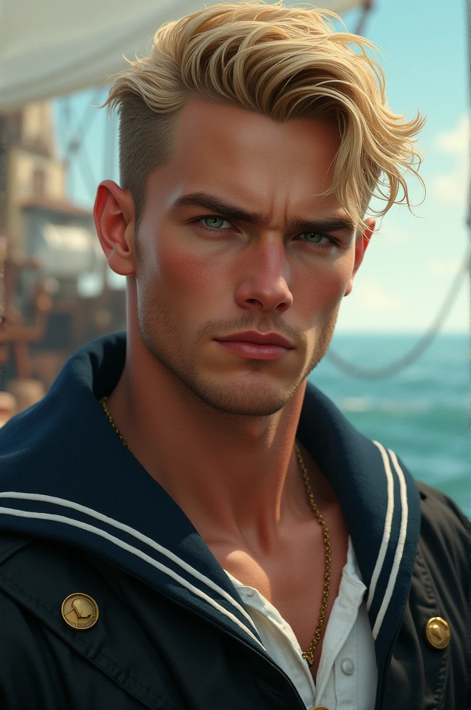 sailor // blond // green eyes // full, red lips // thin face // man // handsome