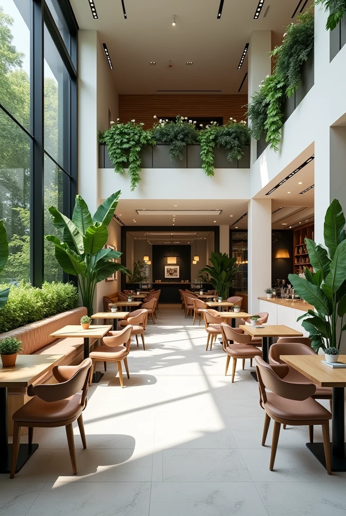 Modern and futuristic coffee shop with space for work and fast service and a large Instagrammable space, photographing with green area 