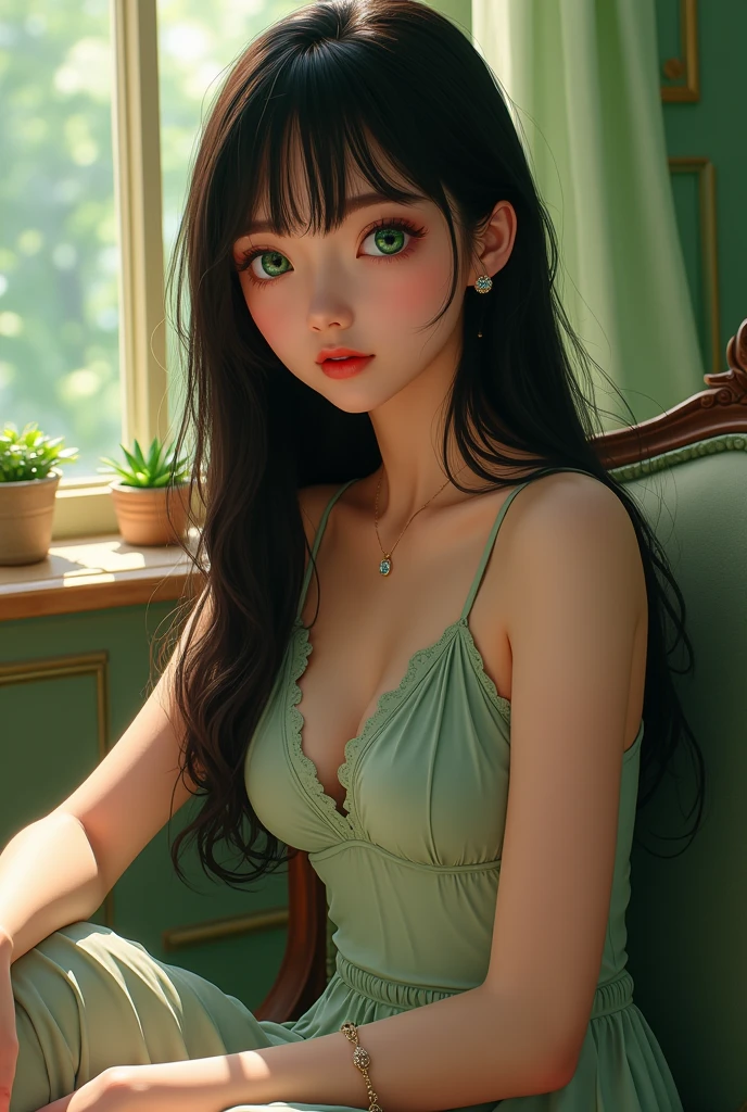 I need pfp aesthetic a girl sitting on a chair with sharp jawline and long straight hair with beautiful face features and eyes color green with aesthetic background cartoonic characters