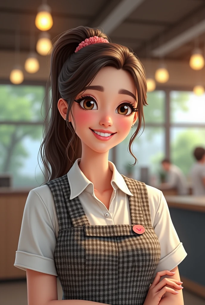 smile　clerk　woman　Checked vest　height１５２centimeter　body weight４３Kilo　ponytail　Scrunchie