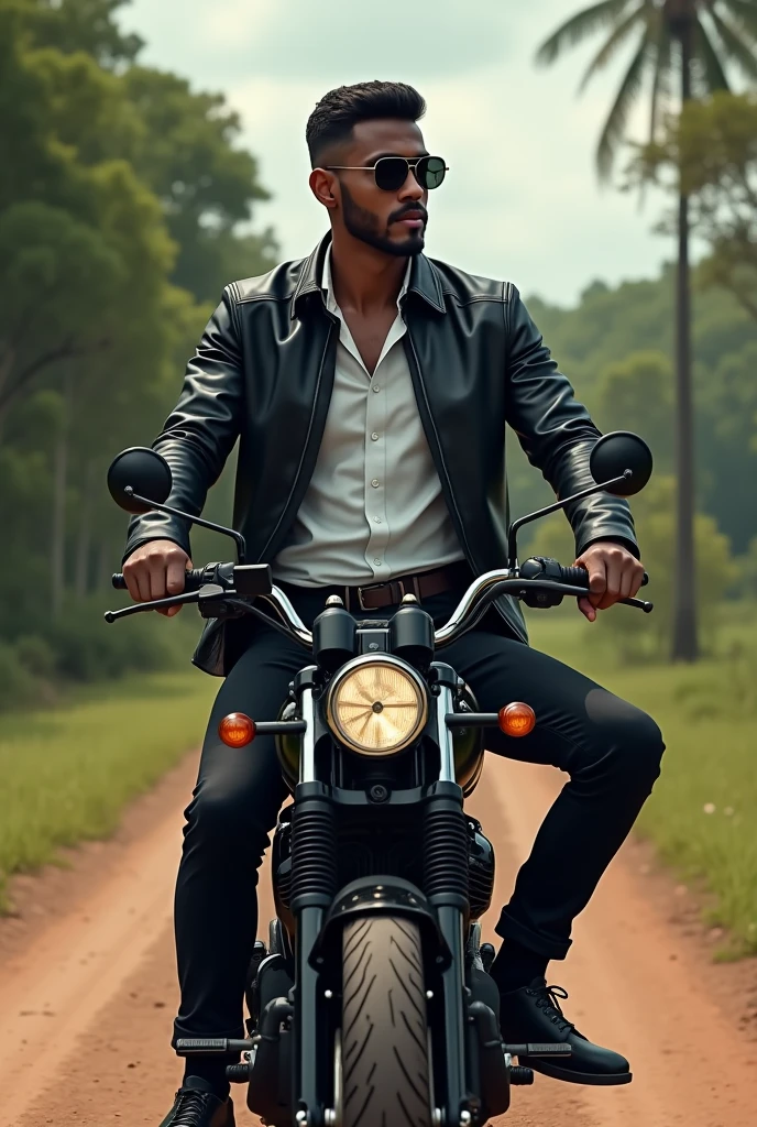 Illustration of a tall black man with fine features, with low cut hair, thin moustache, slim but defined body, sitting on top of a black Yamaha drag star 350cc motorcycle wearing black jeans and a black leather jacket with a white shirt underneath, wearing black Ray ban sunglasses. He has his face turned slightly to the side and further back in the landscape.. He is on a dirt road with trees behind, typical of the city of Vitória da Conquista Bahia Brazil.