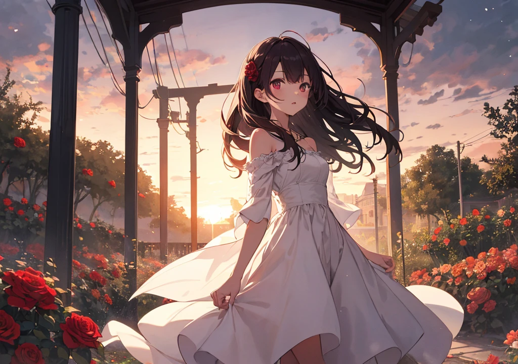 A girl stands surrounded by red roses in full bloom in a garden at dusk. Her hair is dark cherry red and sways beautifully like the roses swaying in the wind. She wears a white dress and has a calm, passionate expression. The soft sunset in the background emphasizes the romantic atmosphere