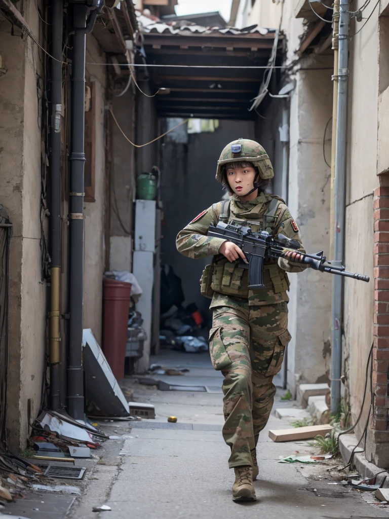 Female soldier firing a rocket launcher in urban warfare