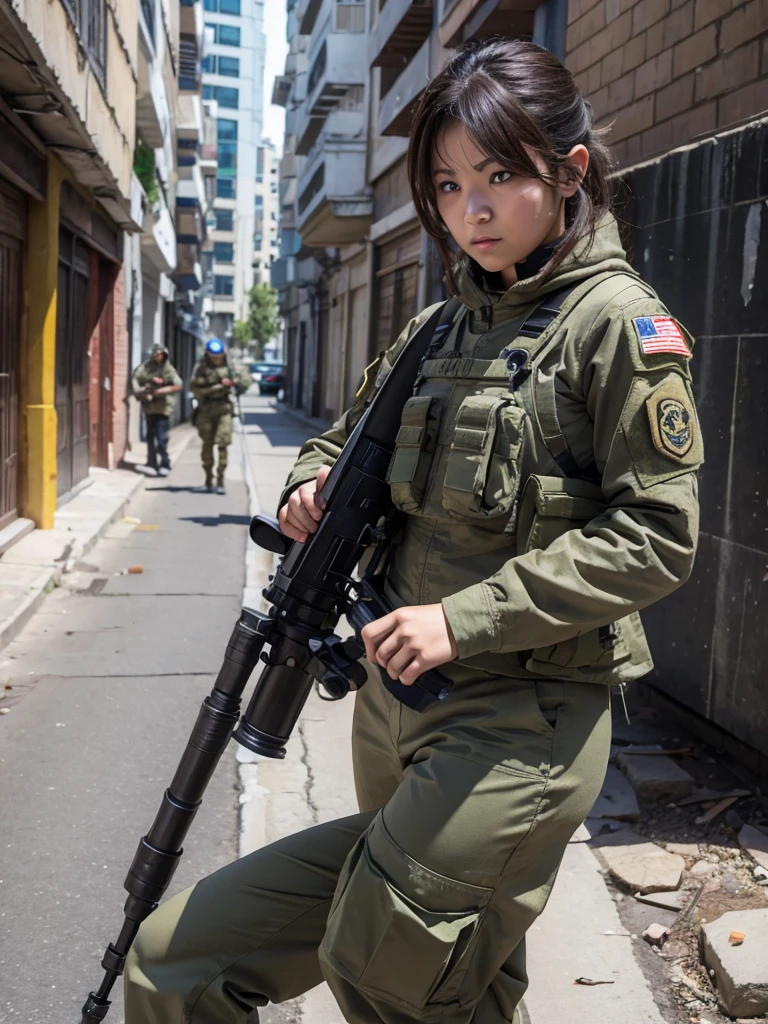 Female soldier firing a rocket launcher in urban warfare