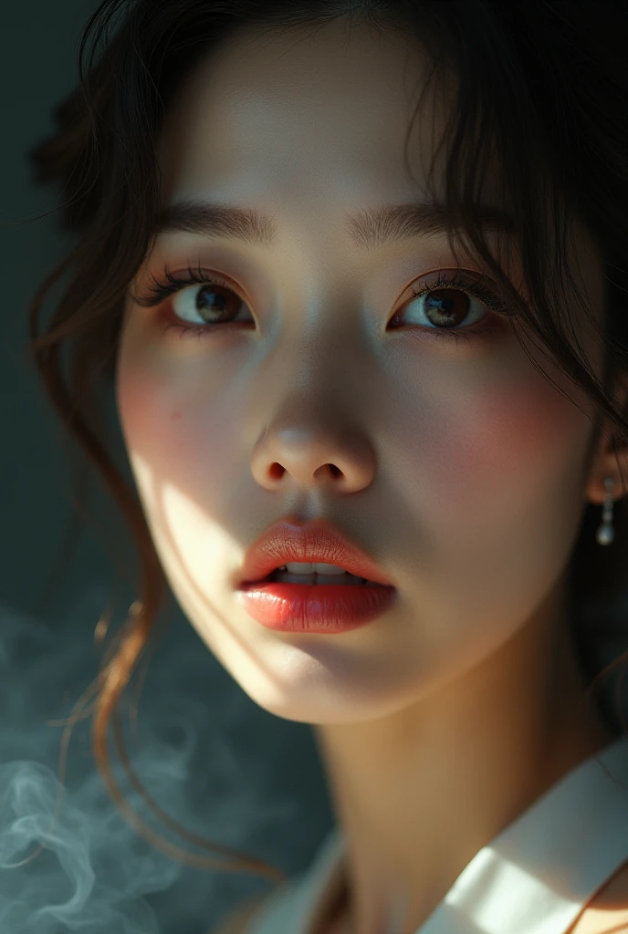 1 beautiful mature korean woman, beautiful detailed eyes, beautiful detailed lips, extremely detailed eyes and face, long eyelashes, flawless skin, elegant pose, cinematic lighting, volumetric fog, dramatic lighting, chiaroscuro, intricate details, photorealistic, high resolution, 8k, hyperdetailed, masterpiece