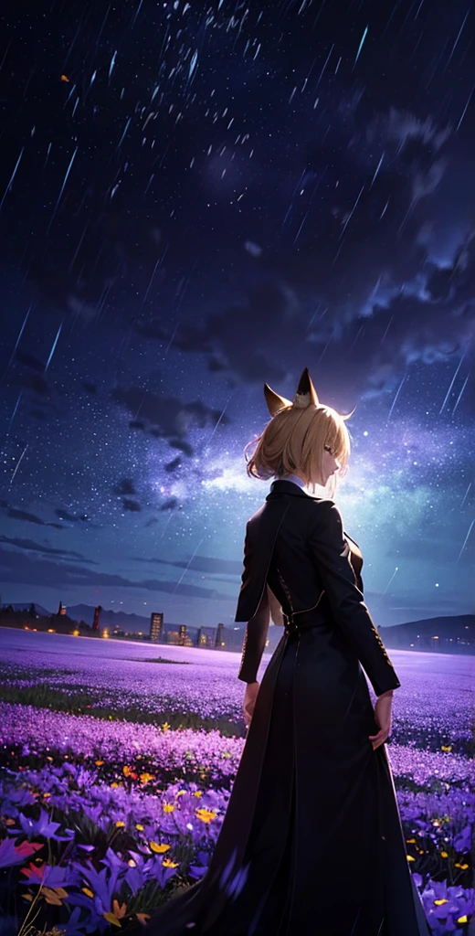 １people々々々々々々々々々々,Woman with medium length blonde hair，Fox Ears，Long coat，Takageta， Dress Silhouette， Rear View，Space Sky, Full moon background，Flower Field，Colorful flowers，Dancing Petals，autumn，autumn leaves，rain，