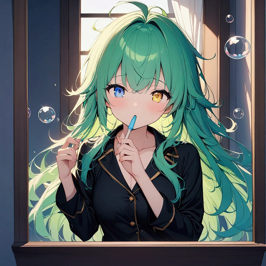 (((anime))) One Woman,Stand in front of a mirror,Reflected Self,Striptease,Brushing your teeth,Bubble,Messy Hair,Long Hair,(Green Hair),Bangs parted in the center,Heterochromia iridis,((blue eyes)),Yellow Eyes,Half-open eyes,Waking up in black pajamas, In a dark room,Outside the window it's bright,Backlight,masterpiece,Highest quality,Exquisite,8k,Absurd,Ultra-fine illustrations