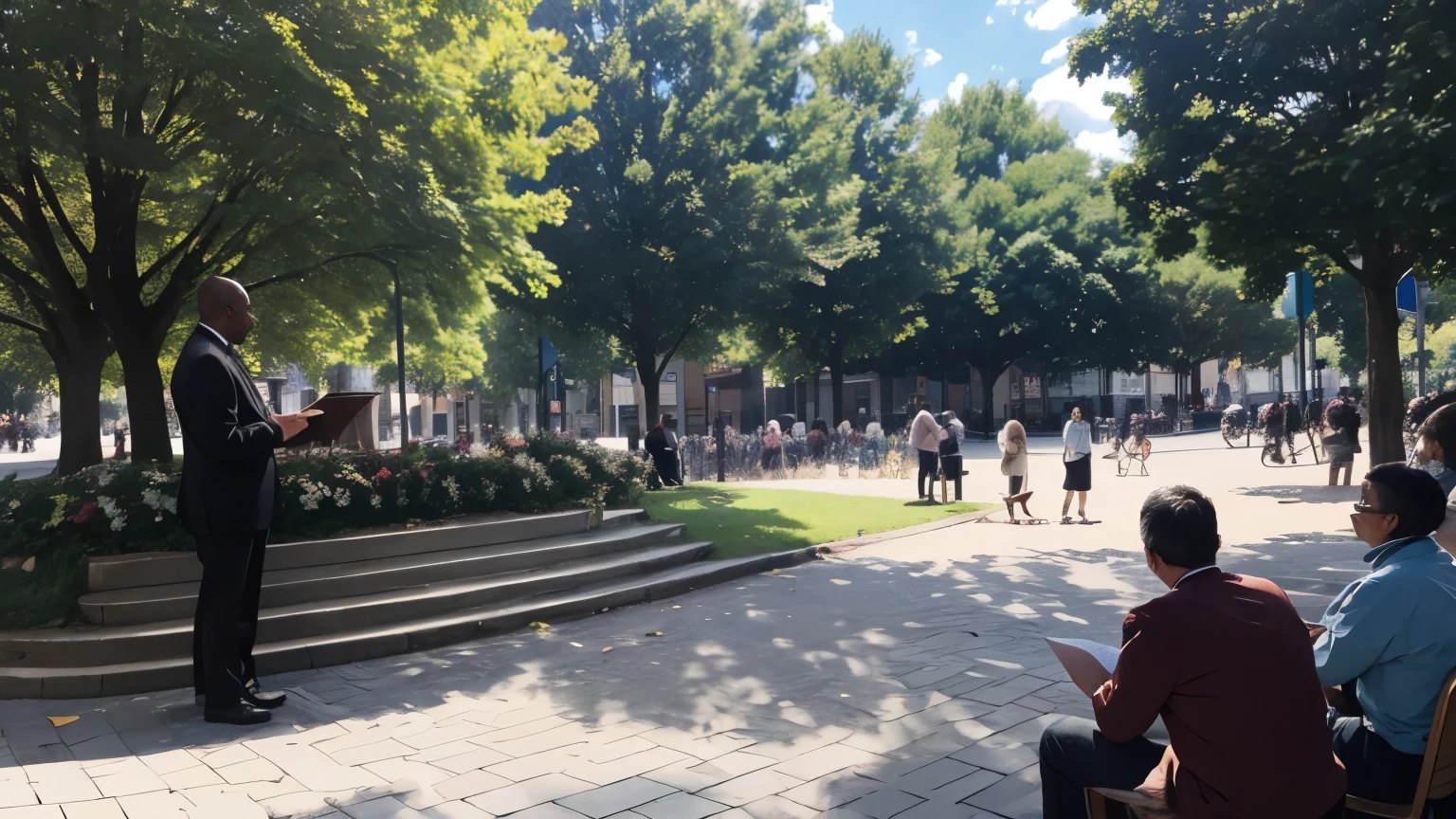 pastor ministering on the street, in a public square with lots of trees, people watching, children, old people, sunny day