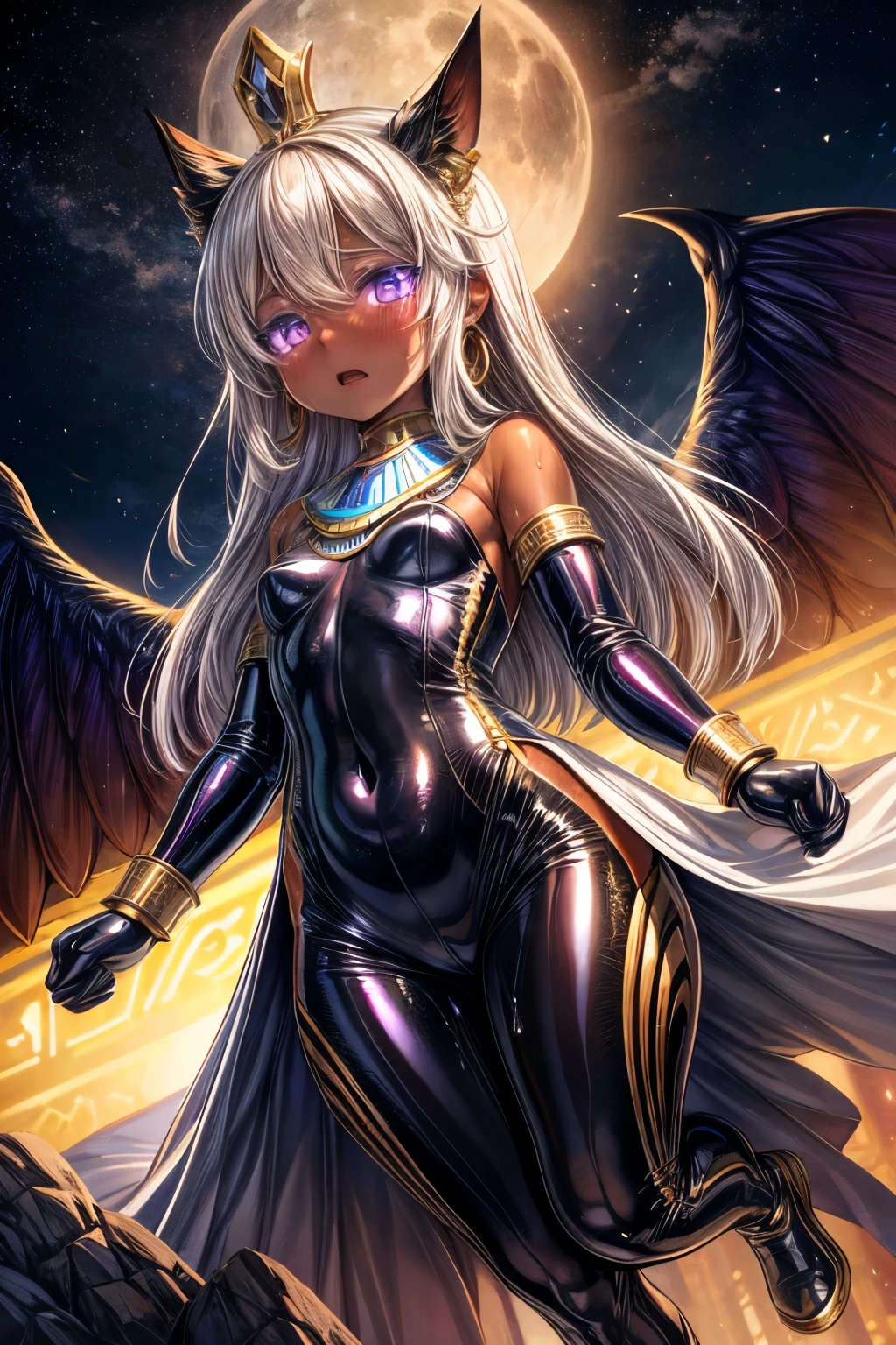 High resolution, masterpiece, Highest quality, Textured skin, Plump Skin, Glowing Skin, girl, Just One, Brown Skin, White Hair, White eyelashes, Small breasts, Luna, Royalty, Crescent-shaped earrings, Egyptian ornaments, Flying in the air, dress, Rubber Suit, Full Body Tights, Low exposure, adult, around 20 years old, Painful expression, feverish, Sweat