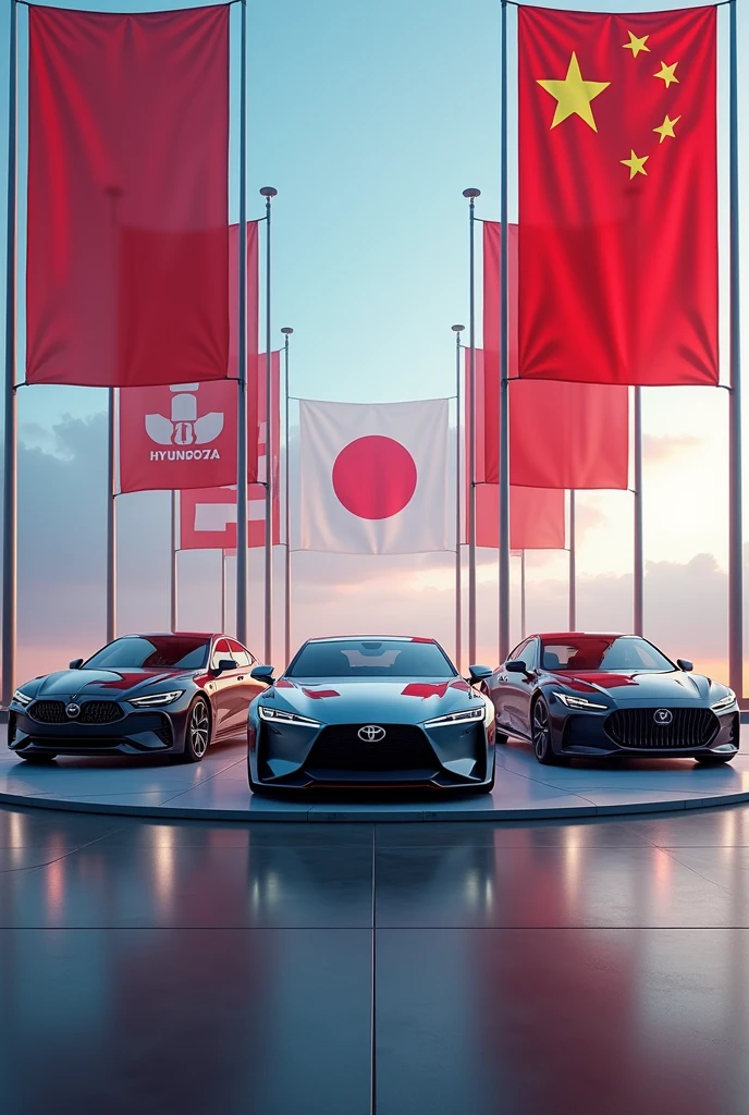 There are three cool beautiful cars on the podium: Toyota, lee l9, Hyundai. Large flags are flying behind the cars: Japanese, Korean and Chinese. 8K, an epic promotional photo.