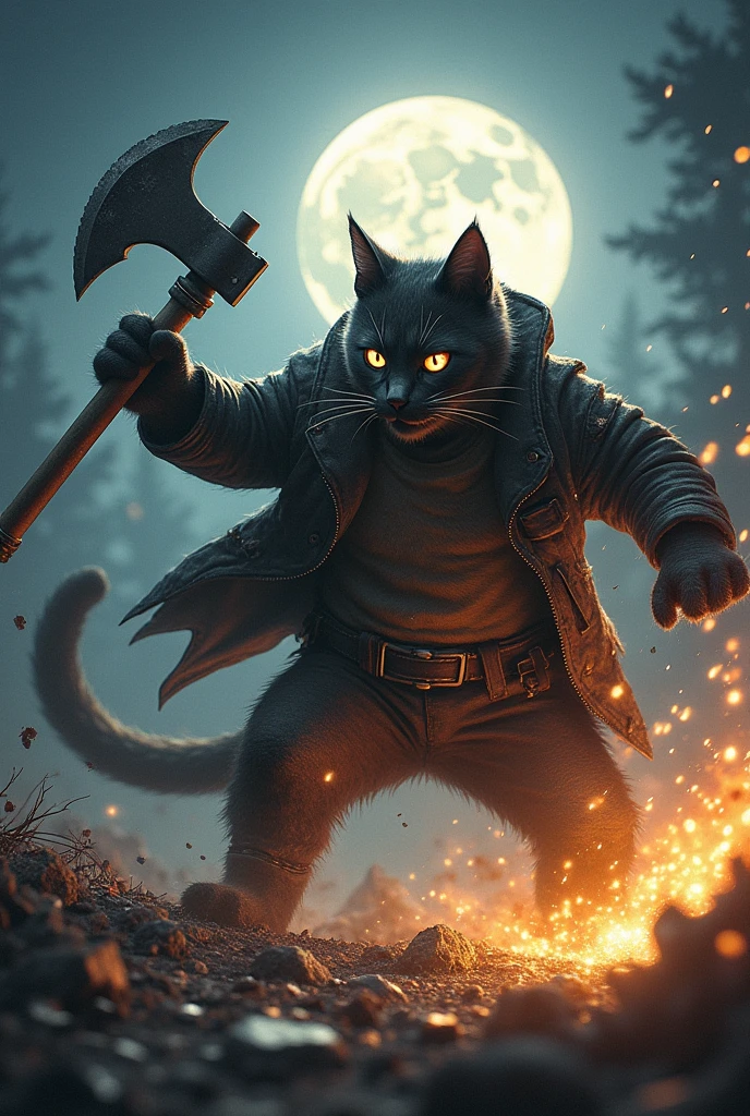An intense battle unfolds as the father cat swings the axe, narrowly dodging the chainsaw, sparks and fur flying in the moonlit clearing.