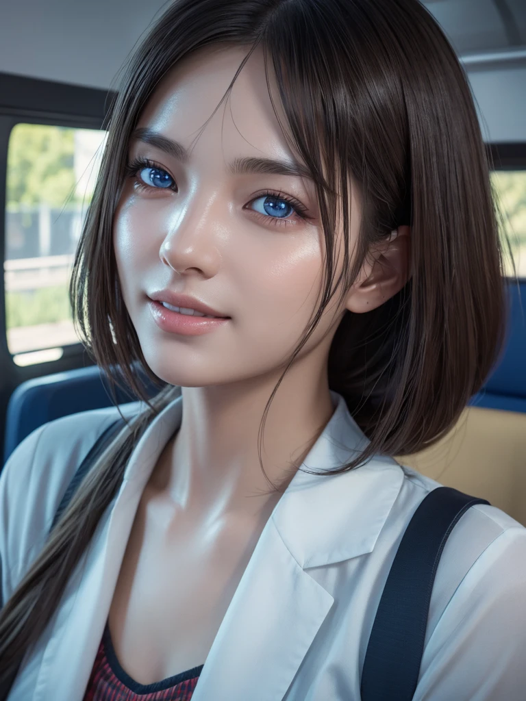 NSFW,a schoolgirl sitting on a bus seat,charming smile,mixed race of Japanese and Northern Europeans,large clear light blue eyes,droppy eyes,photorealistic, 8k, ultra-detailed, masterpiece, realistic, vivid colors, beautiful detailed eyes, beautiful detailed lips, extremely detailed face, intricate details, hyper realistic, cinematic lighting, dramatic shadows, stunning composition, intense atmosphere, highly detailed skin, exquisite facial features, volumetric lighting, raytraced global illumination, physically-based rendering, professional digital art