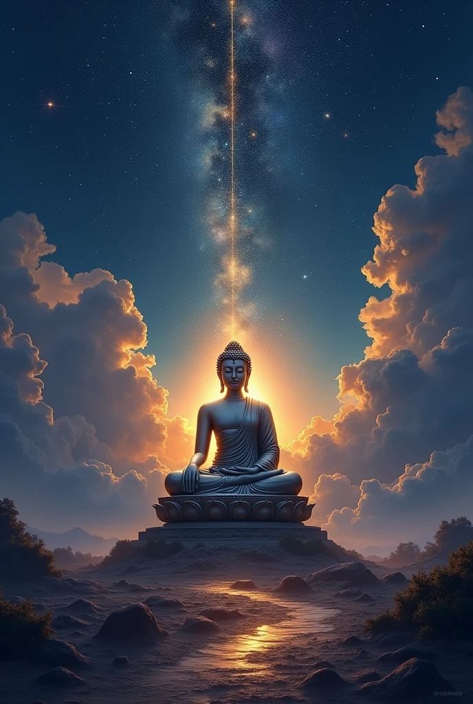 ( perfect anatomy ) light painting(Use only golden light to outline the Buddha statue) Buddha statue drawn with golden light in dark starry sky. compassion and love,Sitting on a Zen throne in the sky. Background with swirls, Highly dynamic rotating stars, cloud, blue and purple, Wide-angle lens shoots from bottom to top. peaceful, minimalistic aesthetics, Masterpiece of art, movie scene, Very detailed masterpiece., Fair. actual, The fresh and elegant aesthetic style airbrush digital oil painting is very beautiful, Perfect composition,Carefully crafted, High quality work from a master artist