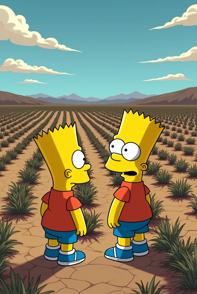 a simpsons style image of a huge field of dry soil with homer and bart simpson looking shocked because their rows of crops are all dead and the soil is dry. all the plants are brown. it's zoomed out to show a large area of land
