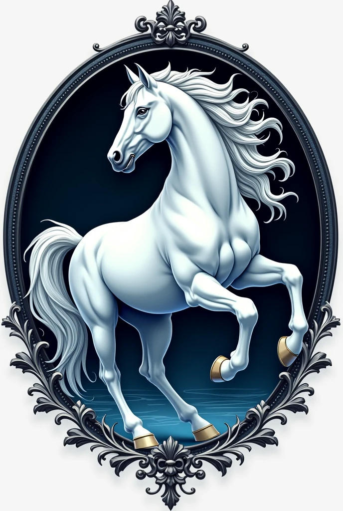 logotype; white horse, black and blue, circle, detailded