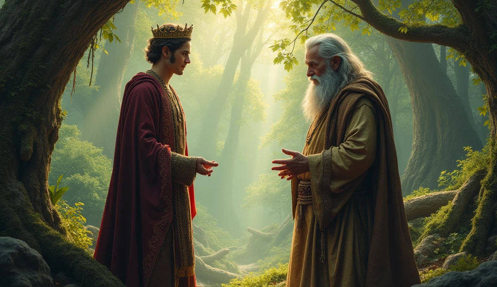 Prince with old wise man in the forest