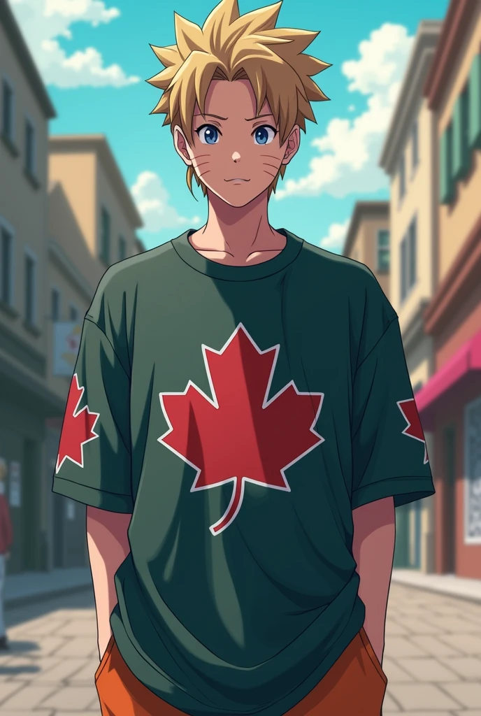 A oversize t shirt with village
hidden of the leaf logo from Naruto anime on chest and right sholder