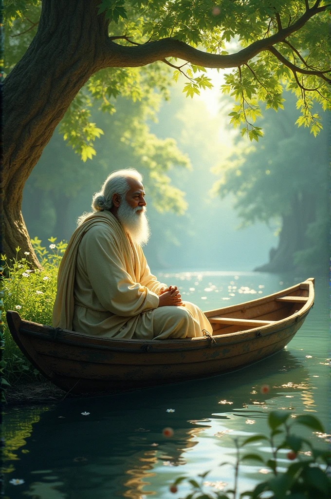 Rabindranath Tagore is sitting on a boat near nature by the river