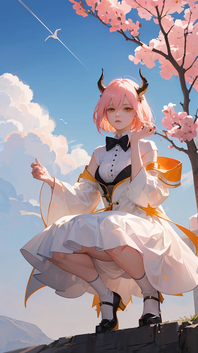 Seven Rayal, Ancient Star Goddess, Perfect Female Anatomy (Adult female, Height: 166cm, Pale skin, slim, thin, Breast size: 34D, Dark orange eyes with beautiful details, Pink short bob、Pink short hair, Mole Mole on right cheekbone, She has black horns on her head), Neutral facial expression, Elegant white dress and black bow tie, Blue coat knee length, Dragon motif, Gold and rope accessories, A view of the blue sky with only clouds, Receiving light from the front, Mysterious glow