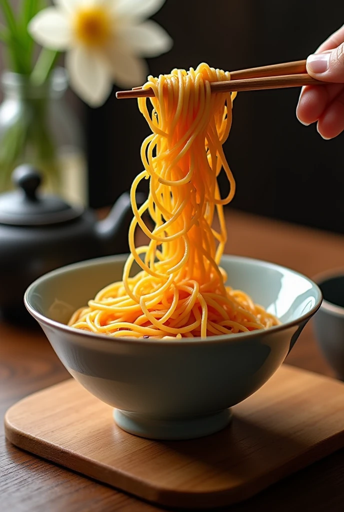A bowl of noodle artfully lifted by chopsticks, the noodles forming a figure like shape. The scene is set on a table with a tea pot and flower in the background
