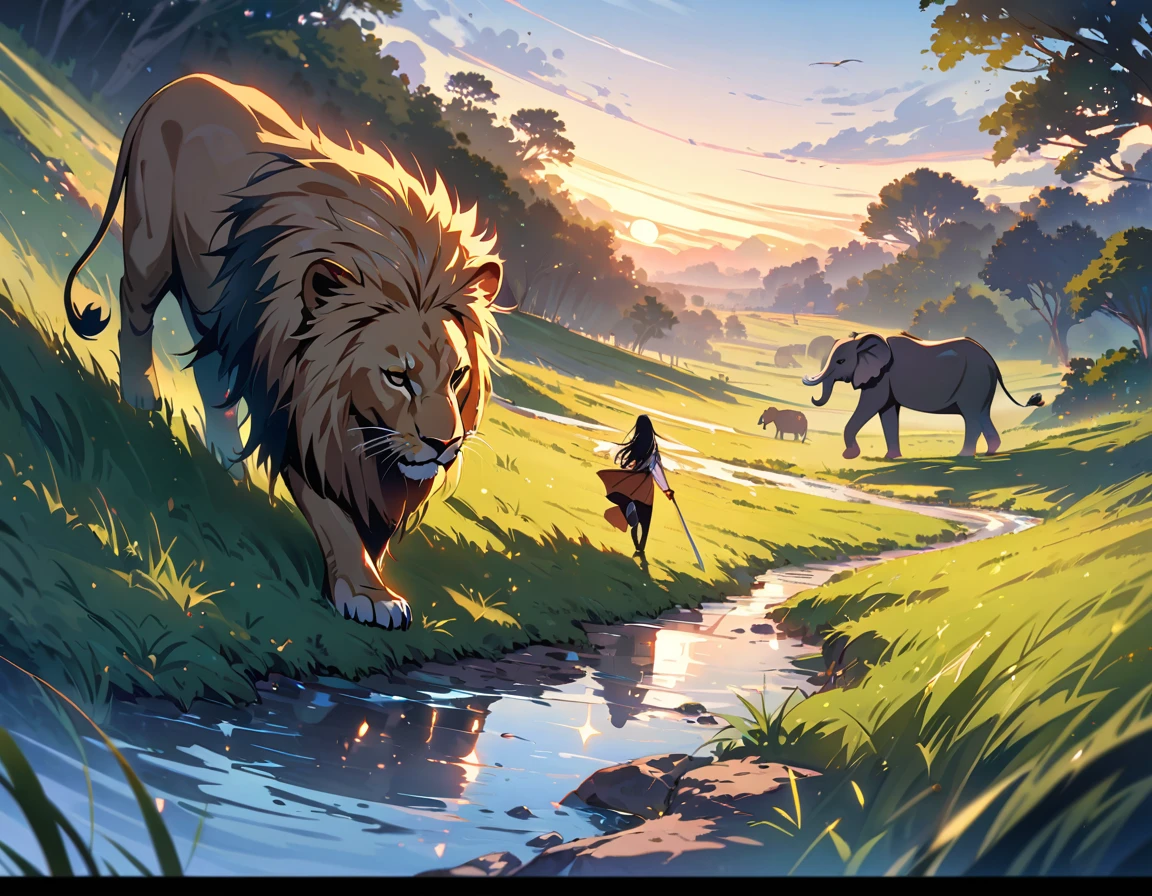 ((masterpiece, Highest quality, Super detailed)), (Shiny Hair:1.4),(Ultra Wide Angle, beautiful, Subtle details,), Pasture, Lion Family, Sleep, Delicate depiction, Clear sky, Savannah Sun, Carefully drawing each blade of grass, Trees here and there々The lush savanna, Wind, Elephant walking in the distance,