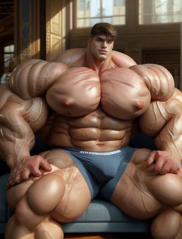 1boy, giant, asian, solo, giant bodybuilder, golden hour, strong body, bulk, large size, relax, seated at any couch by window, indoor, nude, blue triangular underwear with enormous bulge, extraordinary big, brutalmass, giant muscular body, bulk, buff, massive body, large meaty body size, extremely wide body, tallest body