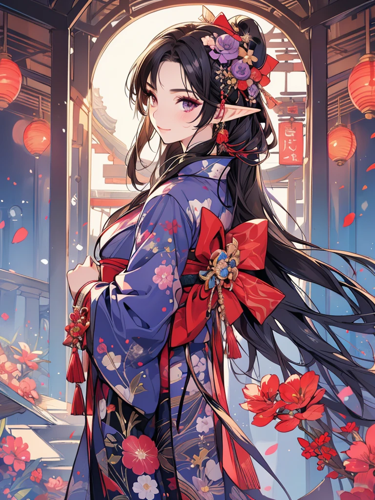 masterpiece, best quality, 1girl, ultra detailed, ultra highres, well-definded facial features, anatomically correct, cute girl, long pointy ears, elf, nice face,black hair, puple eyes, kimono, hakama, art deco, habinga big bouquet,