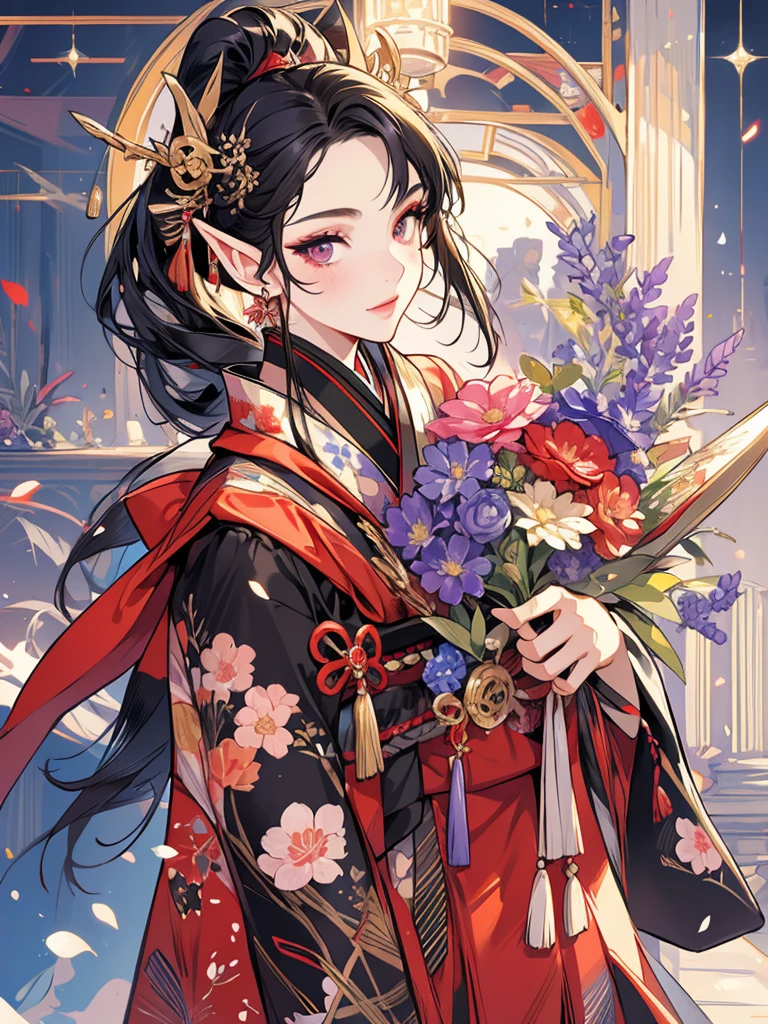 masterpiece, best quality, 1girl, ultra detailed, ultra highres, well-definded facial features, anatomically correct, cute girl, long pointy ears, elf, nice face,black hair, puple eyes, kimono, hakama, art deco, habinga big bouquet,