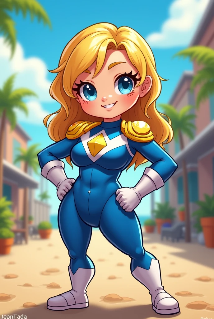 Chibi, fitnes girl, sexy, cute, tiny smile, blue eyes, sunnny day, power rangers blue white latex clothes, ombreira, yellow hair, thicc,cartoon, big breasts, big butt,
