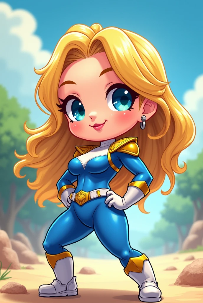 Chibi, fitnes girl, sexy, cute, tiny smile, blue eyes, sunnny day, power rangers blue white latex clothes, ombreira, yellow hair, thicc,cartoon, big breasts, big butt,