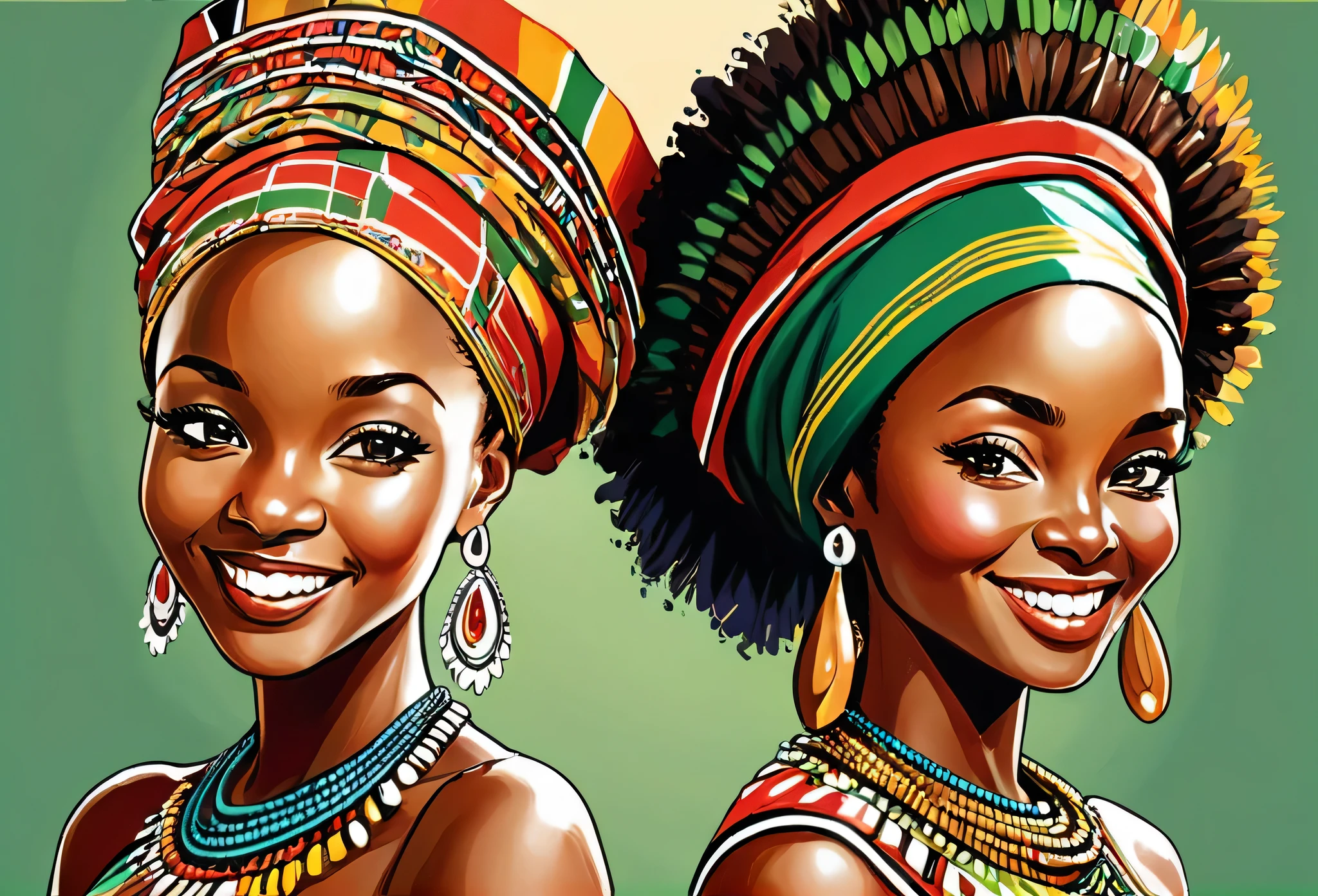 A kenyan lady with traditional hair band and a south African lady wearing the south African head piece smiling 
African (masterpiece best quality:1.2) delicate illustration ultra-detailed, illustrations, bright, colourful, 