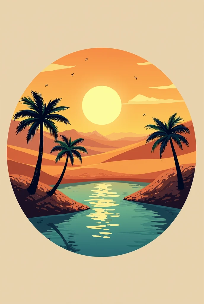 Je veux un logo pour une marque de boisson avec une oasis, des dunes de sable,des palmiers, un coucher de soleil, une source d'eau, tout ça dans un cercle