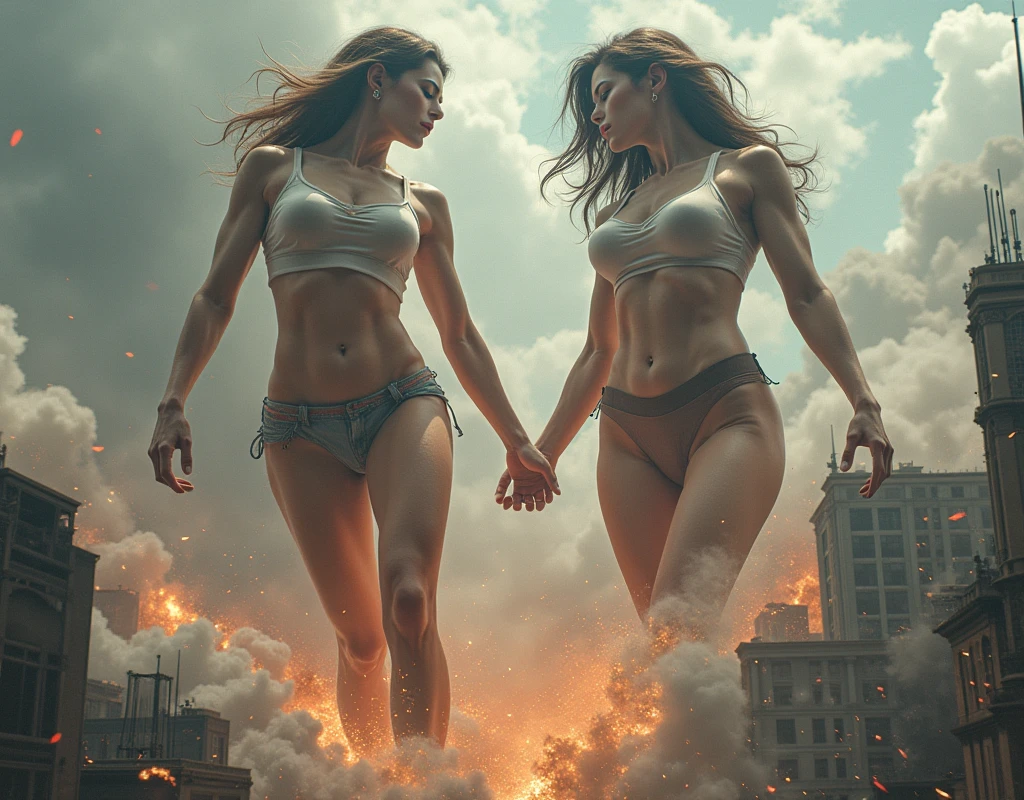 (Giant girl Art), (Super Best masterpiece giant girl Raw Photography Art), (16K, Highest quality, Ultra-high resolution, RAW Photos), (Although it is the real world, It's so unrealistic.), (Very detailed描写の, fight巨人女, Ultra-realistic), (Asian Women, So beautiful and detailed, Perfect female body, Accurate female body structure, Accurate female body movements, Very detailed女体ボディ, Super big breasts), Short sleeve shirt, Short skirt, I can see your pants, Very cute face, (Very detailed描写, Clear and accurate perspective depiction, Ultra-wide field of view, Focus on the average value of the image), (Very detailed, World collapse panic movie depiction), Height 1,000m class giant girl, 2 people, The face and body are identical, fight, Scramble, Catfight, Action Movie, (2 peopleの巨女がミニチュアな街まるごとぶっ壊す描写), 見物客はfightの巻き添えに遭う, Top View