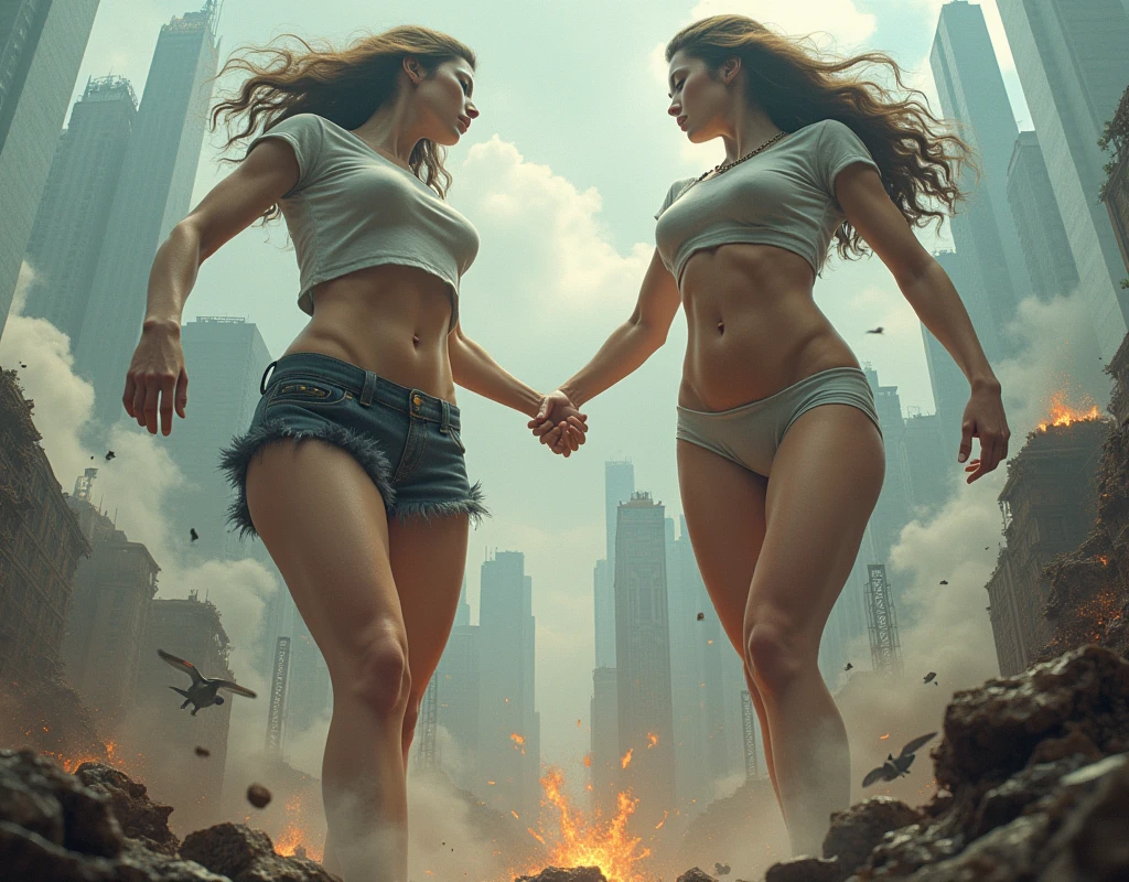(Giant girl Art), (Super Best masterpiece giant girl Raw Photography Art), (16K, Highest quality, Ultra-high resolution, RAW Photos), (Although it is the real world, It's so unrealistic.), (Very detailed描写の, fight巨人女, Ultra-realistic), (Asian Women, So beautiful and detailed, Perfect female body, Accurate female body structure, Accurate female body movements, Very detailed女体ボディ, Super big breasts), Short sleeve shirt, Short skirt, I can see your pants, Very cute face, (Very detailed描写, Clear and accurate perspective depiction, Ultra-wide field of view, Focus on the average value of the image), (Very detailed, World collapse panic movie depiction), Height 1,000m class giant girl, 2 people, The face and body are identical, fight, Scramble, Catfight, Action Movie, (2 peopleの巨女がミニチュアな街まるごとぶっ壊す描写), 見物客はfightの巻き添えに遭う, Top View