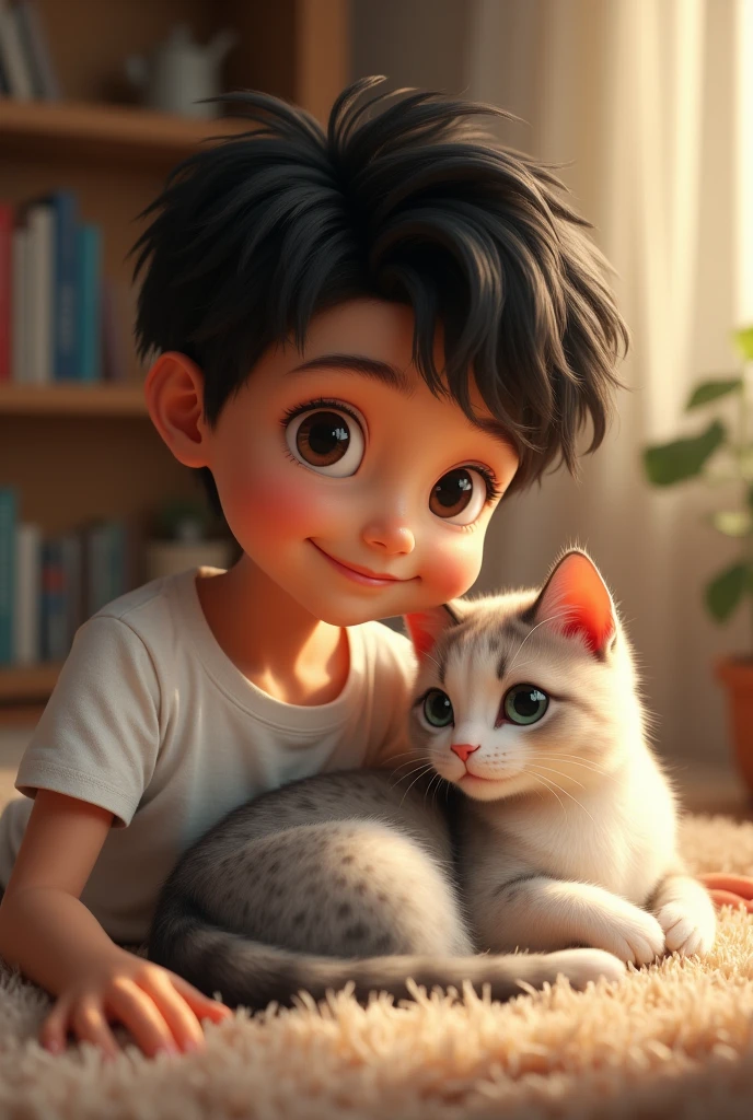 Realistic cute boy with white ti shirt and black hair  with cat
