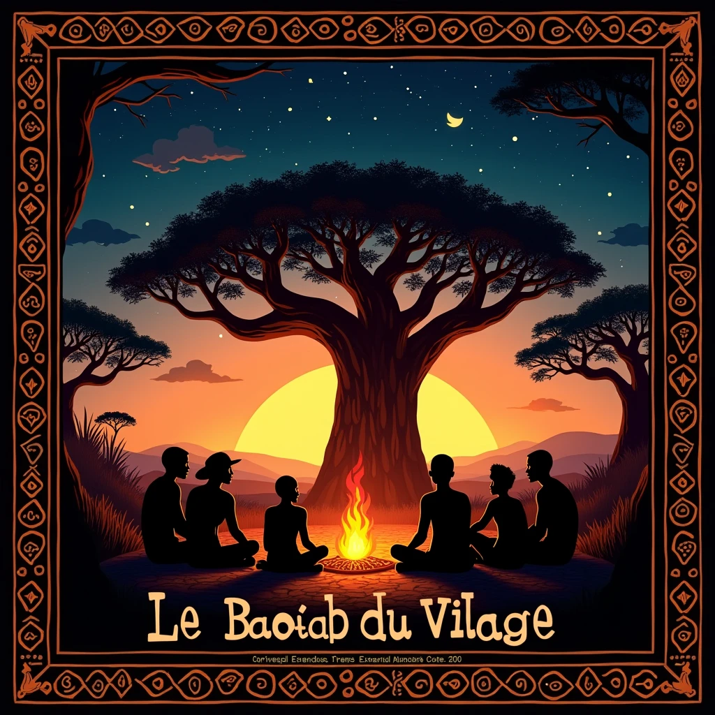 A YouTube banner depicting a large ancient baobab tree in the center, avec des racines massives et des branches étendues qui symbolisent la sagesse et la tradition africaine. Around the Tree, on voit des silhouettes de villageois africains assis en cercle autour d’un feu de camp, écoutant attentivement un conteur qui partage une histoire animée. The background gradually changes from a warm sunset in hues of orange and purple to a starry sky, évoquant la magie des nuits africaines et le lien profond avec la nature. Les bords de la bannière sont ornés de motifs et symboles africains traditionnels, adding cultural and visual richness. Le nom de la chaîne ‘Le Baobab du Village’ est écrit en haut de l’image en lettres audacieuses et élégantes, dans une police inspirée de l’héritage africain, with earthy tones that blend harmoniously into the overall scene